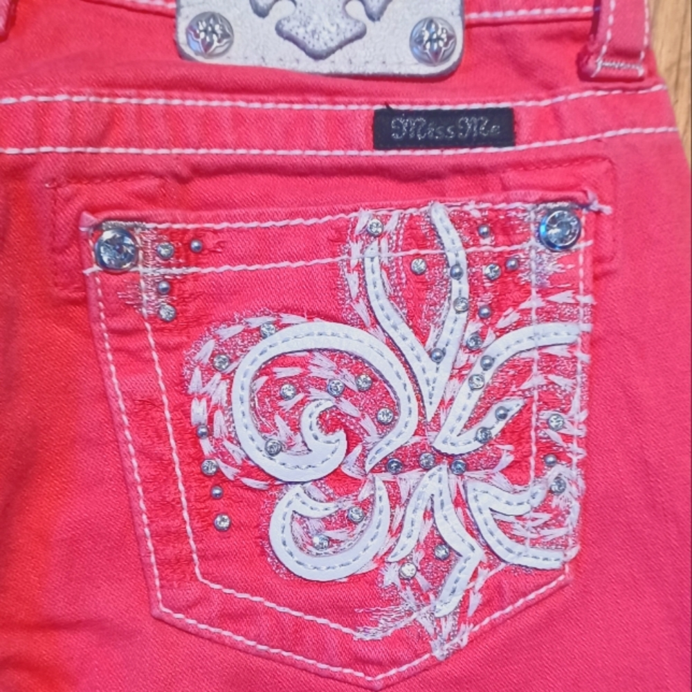 Miss Me Skinny Jeans White Leather Design with Rhinestones & Silver Studs 27×32